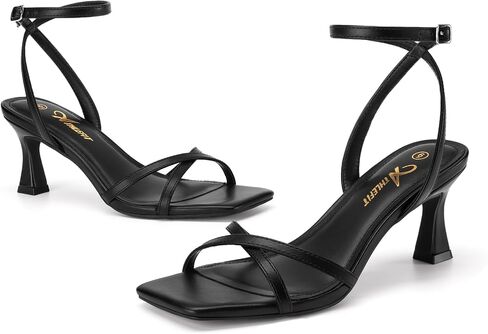 Athlefit Black Kitten Heels for Women Open Toe Strappy Dress High Heels 10 | 2.75-inch Kitten Heels, PU Upper, Adjustable Ankle Strap, Dressy Heeled Sandals for Work, Dinner, Business, Wedding Guest in Kuwait