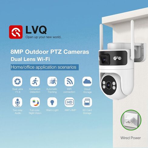 8MP Dual Lens WiFi Security Camera Outdoor, AOV 24/7 Recording Camera | PTZ Outdoor Plug-in Surveillance Camera for Home Security with Auto Tracking, APP Alarm, Night Vision, 5G/2.4G WiFi, IP65 in Kuwait