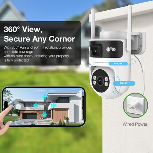 8MP Dual Lens WiFi Security Camera Outdoor, AOV 24/7 Recording Camera | PTZ Outdoor Plug-in Surveillance Camera for Home Security with Auto Tracking, APP Alarm, Night Vision, 5G/2.4G WiFi, IP65 in Kuwait