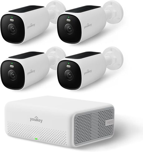 youkey 4-Cam Kit Solar Security Cameras Wireless Outdoor, 24/7 AOV Continuous Recoding, 2.5K Home Security System with Solar Panel, Free Face Recognition AI, Expandable Local Storage, No Monthly Fee in Kuwait