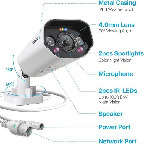 ZOSI 5MP PoE Add-on Camera, Face Person Vehicle Detection, 2 Way Audio, Starlight Night Vision, Sound&Light Siren, 3K Weatherproof Outdoor Indoor Home Bullet IP Cam, Only Compatible with ZOSI POE NVR in Kuwait