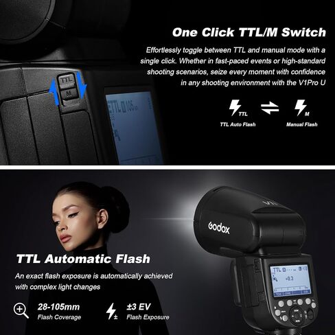 Godox V1Pro-S U V1ProS U Shot Flash for Sony TTL Round Head Camera Speedlite 76Ws 2.4G X Wireless HSS 1/8000s 2980mAh Lithium Battery LED Modeling Lamp Detachable Sub Flash SU-1(USA Version) in Kuwait