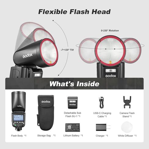 Godox V1Pro-S U V1ProS U Shot Flash for Sony TTL Round Head Camera Speedlite 76Ws 2.4G X Wireless HSS 1/8000s 2980mAh Lithium Battery LED Modeling Lamp Detachable Sub Flash SU-1(USA Version) in Kuwait