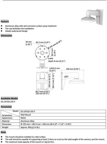 PC155 WMS WML DS-1473ZJ-155 Wall Mount Bracket Compatible with Turret Camera DS-2CD2387G2P-LSU/SL, Camera Not Includeded in Kuwait
