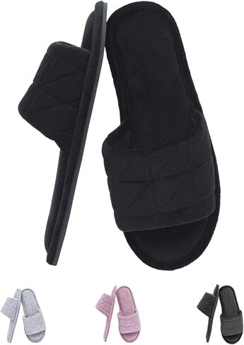 Women Velvet Open Toe Slides, Memory Foam Non-Slip TPR House Wear,Black,6 in Kuwait