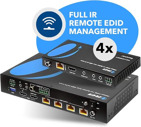 OREI 1x4 HDMI Extender Splitter HDBaseT 4K, Multiple Over Single Cable CAT6/7 4K@60Hz 4:4:4 HDCP 2.2 With IR Remote EDID Management, HDR - Up to 400 Ft - Loop Out - Low Latency - Full Support in Kuwait
