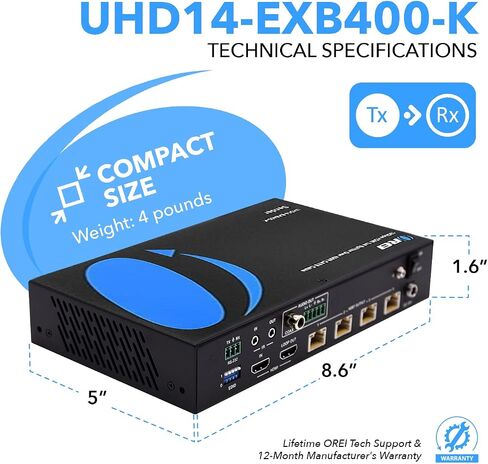 OREI 1x4 HDMI Extender Splitter HDBaseT 4K, Multiple Over Single Cable CAT6/7 4K@60Hz 4:4:4 HDCP 2.2 With IR Remote EDID Management, HDR - Up to 400 Ft - Loop Out - Low Latency - Full Support in Kuwait
