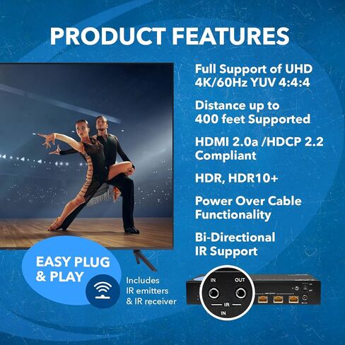 OREI 1x4 HDMI Extender Splitter HDBaseT 4K, Multiple Over Single Cable CAT6/7 4K@60Hz 4:4:4 HDCP 2.2 With IR Remote EDID Management, HDR - Up to 400 Ft - Loop Out - Low Latency - Full Support in Kuwait