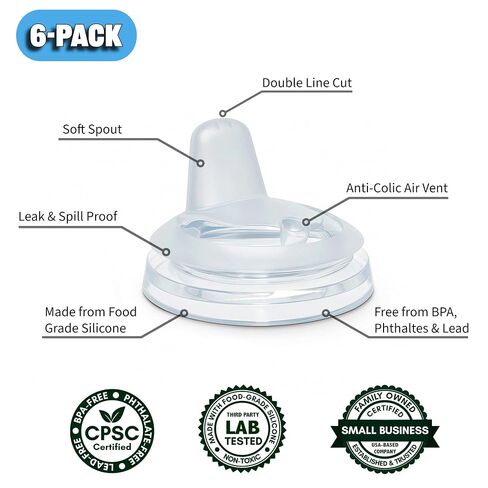 Sippy Spout Nipples for Dr. Brown's Wide-Neck Baby Bottles 4+Months 6-Pack | For Natural Flow Anti-Colic Options+ Wide Neck Baby Bottles & Glass Bottles Food Grade Silicone BPA-Free Convert to Sippy Cup in Kuwait