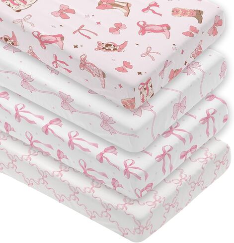 4 Pack Pink Bow Crib Sheet Set for Girl, Soft Breathable Fitted Pink Crib Sheet 28 x 52 in, Cowgirl Nursery Decor for Standard Crib and Toddler Bed Mattresses in Kuwait