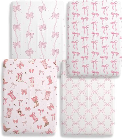 4 Pack Pink Bow Crib Sheet Set for Girl, Soft Breathable Fitted Pink Crib Sheet 28 x 52 in, Cowgirl Nursery Decor for Standard Crib and Toddler Bed Mattresses in Kuwait