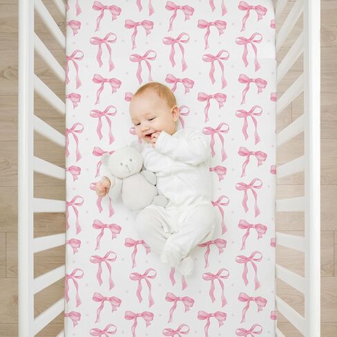 4 Pack Pink Bow Crib Sheet Set for Girl, Soft Breathable Fitted Pink Crib Sheet 28 x 52 in, Cowgirl Nursery Decor for Standard Crib and Toddler Bed Mattresses in Kuwait