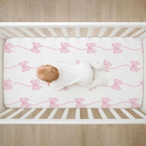 4 Pack Pink Bow Crib Sheet Set for Girl, Soft Breathable Fitted Pink Crib Sheet 28 x 52 in, Cowgirl Nursery Decor for Standard Crib and Toddler Bed Mattresses in Kuwait