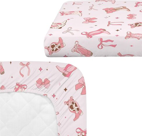 4 Pack Pink Bow Crib Sheet Set for Girl, Soft Breathable Fitted Pink Crib Sheet 28 x 52 in, Cowgirl Nursery Decor for Standard Crib and Toddler Bed Mattresses in Kuwait