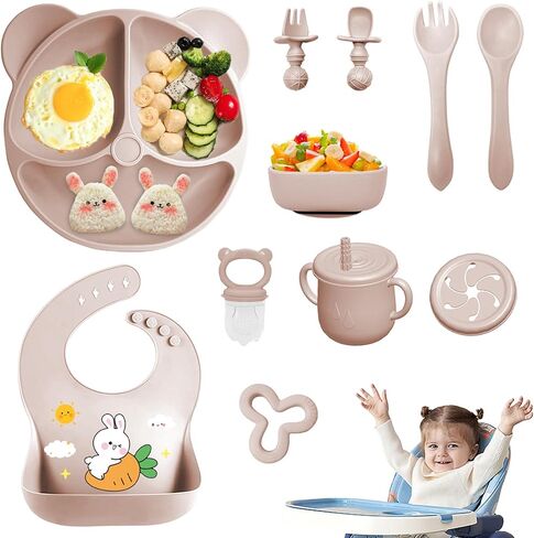 Silicone Baby Feeding Set, 11 Pcs Baby Led Weaning Supplies, Baby Spoons & Forks Suction Bowl Divided Plate Bib Cup, First Stage Solid Food Eating Utensils - 6+ Months (Rose) in Kuwait