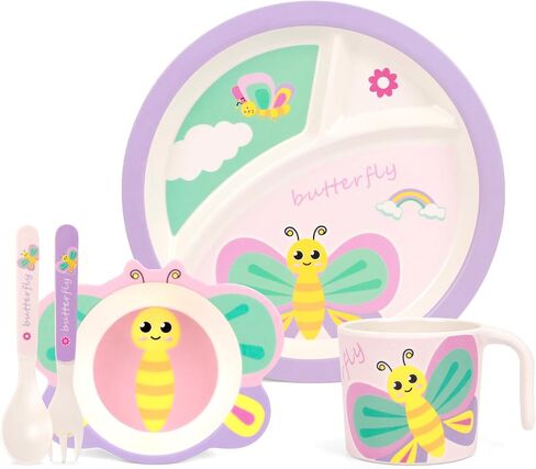 Kids Dinnerware Set, Includes Toddler Plate Bowl Tumbler and Utensils, BPA Free Bamboo Fiber Material Perfect for Little Girls (Purple - Butterfly Theme) in Kuwait