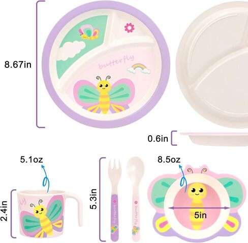Kids Dinnerware Set, Includes Toddler Plate Bowl Tumbler and Utensils, BPA Free Bamboo Fiber Material Perfect for Little Girls (Purple - Butterfly Theme) in Kuwait