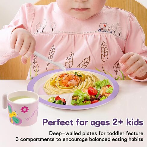 Kids Dinnerware Set, Includes Toddler Plate Bowl Tumbler and Utensils, BPA Free Bamboo Fiber Material Perfect for Little Girls (Purple - Butterfly Theme) in Kuwait