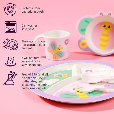 Kids Dinnerware Set, Includes Toddler Plate Bowl Tumbler and Utensils, BPA Free Bamboo Fiber Material Perfect for Little Girls (Purple - Butterfly Theme) in Kuwait