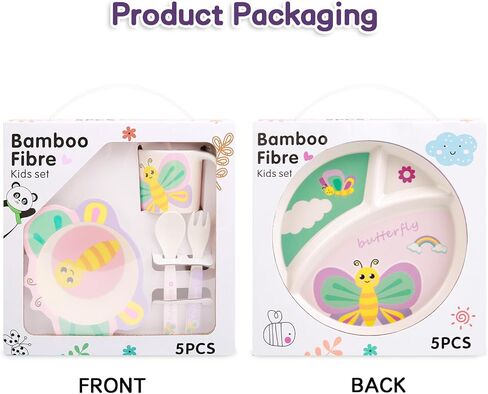 Kids Dinnerware Set, Includes Toddler Plate Bowl Tumbler and Utensils, BPA Free Bamboo Fiber Material Perfect for Little Girls (Purple - Butterfly Theme) in Kuwait
