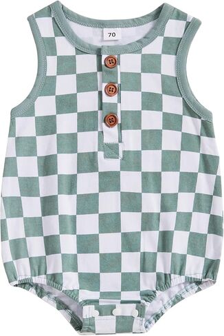 Baby Boy Checkered Clothes Sleeveless Bubble Romper Onesie Newborn Summer Retro Bodysuit Infant Race Car Outfit in Kuwait