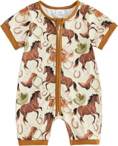 KMBANGI Baby Boy Western Clothes Short Sleeve Horse Jumpsuit Zipper Romper | Newborn Baby First Rodeo Clothes, Cow Shower Gift, Short Sleeve, Full Zipper Up, Summer Cowboy Outfit in Kuwait
