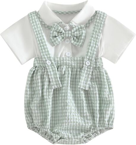 Newborn Baby Boy Plaid Print Suspender Bubble Romper with Bowtie | Plaid Short Sleeve Bubble Romper with Suspender Style and Bowtie Detail, Perfect for Newborn Photo, Coming Home, and Baptism in Kuwait