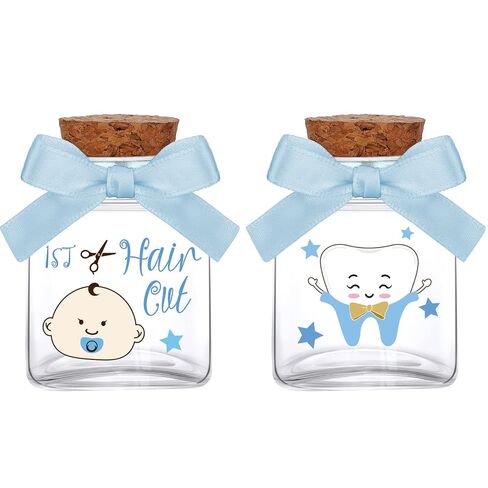 Eaasty 2 Piece Baby Keepsake Box First Haircut and Tooth Keepsake Gender Glass Bottle Tooth Memory Holder for Baby Shower Party Newborn Gifts(Blue,Boy Pattern) in Kuwait