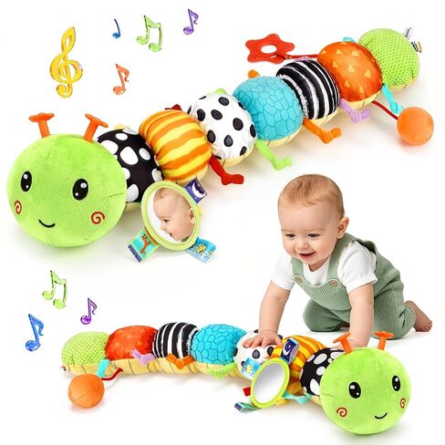 Baby Stuffed Musical Caterpillar Toys 0-6 6-12 Months, Infant Sensory Toys | Tummy Time Toys with Mirror Squeaker Rattle Crinkle, Montessori Toys for 6 Month Old, Newborn Shower Gifts for Boys Girls in Kuwait