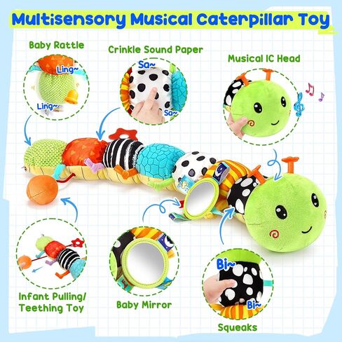 Baby Stuffed Musical Caterpillar Toys 0-6 6-12 Months, Infant Sensory Toys | Tummy Time Toys with Mirror Squeaker Rattle Crinkle, Montessori Toys for 6 Month Old, Newborn Shower Gifts for Boys Girls in Kuwait