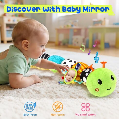 Baby Stuffed Musical Caterpillar Toys 0-6 6-12 Months, Infant Sensory Toys | Tummy Time Toys with Mirror Squeaker Rattle Crinkle, Montessori Toys for 6 Month Old, Newborn Shower Gifts for Boys Girls in Kuwait