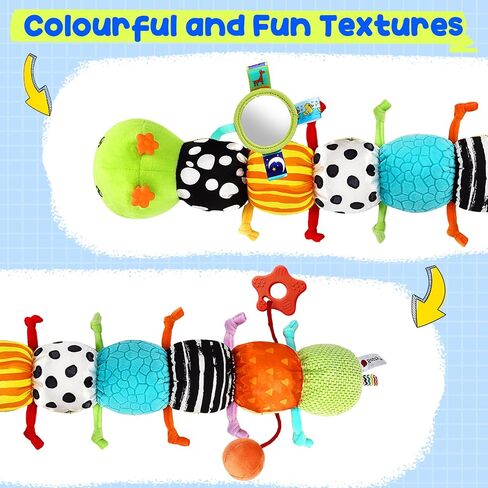 Baby Stuffed Musical Caterpillar Toys 0-6 6-12 Months, Infant Sensory Toys | Tummy Time Toys with Mirror Squeaker Rattle Crinkle, Montessori Toys for 6 Month Old, Newborn Shower Gifts for Boys Girls in Kuwait