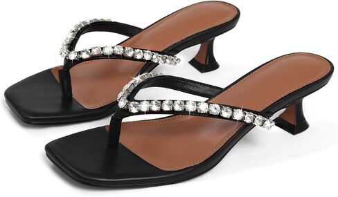 Eteridrey Rhinestone Flip Flop Heels Women Square Toe Kitten Heel Summer | 2" Low Heel • Rhinestone Strap • Backless Slip-On • Cute Heeled Sandals • Wedding Party, Going Out Dresses in Saudi Arabia