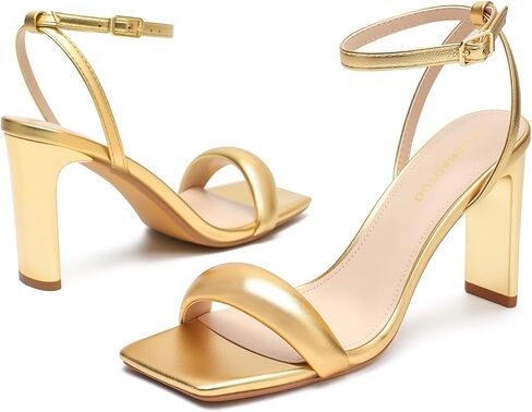Women's Square Toe Strappy Heels Ankle Strap Block Heel Sandals | 3.3 Inch High Heel Dress Shoes Open Toe Wedding Party Prom Evening Shoes in Kuwait