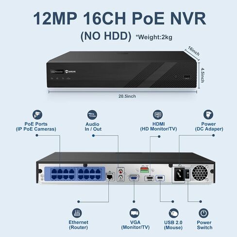 Anpviz 12MP 16CH PoE NVR for Home Security Camera System, NO HDD | Only Plug & Play Anpviz U Series Camera,16 Channel Network Video Recorder Support 12MP/8MP/6MP/5MP/4MP PoE Camera (U Series) in Saudi Arabia