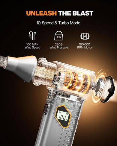 VX-101 Pro Max Compressed Air Duster for PC, Car Cleaning | 150000RPM Brushless Motor, Turbo, 8000mAh Rechargeable, 10-Speed Adjustable, Cordless, LED Light, LCD Screen, Mini Portable in Kuwait