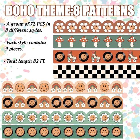 Whaline 82 Ft Groovy Vintage Bulletin Board Borders Boho Flower Rainbow Face Plaid Mushroom Adhesive Trim Border for Back to School Classroom Office Party Decor in Saudi Arabia