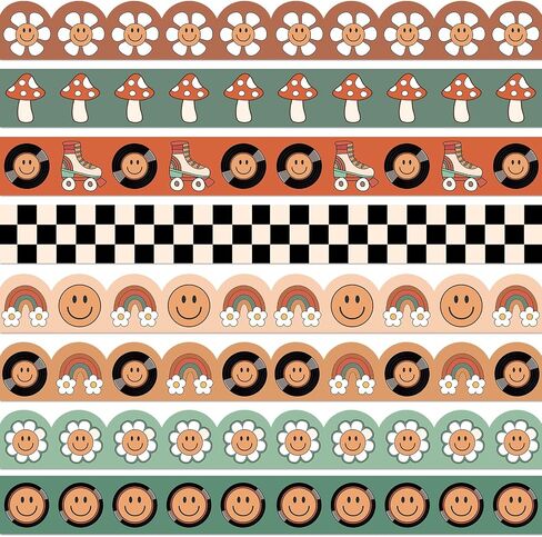Whaline 82 Ft Groovy Vintage Bulletin Board Borders Boho Flower Rainbow Face Plaid Mushroom Adhesive Trim Border for Back to School Classroom Office Party Decor in Saudi Arabia