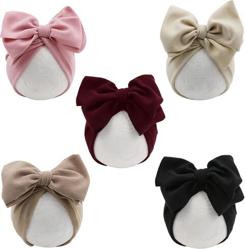 DRESHOW BQUBO Baby Turban Hat with Bow Baby Girl Hospital Hat Big Hair Bow Beanie Cap Infant Toddler Kid Headwrap 6-36 Months in Kuwait