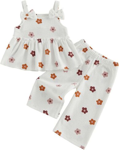 VISGOGO Infant​ Toddler Baby Girl Floral Outfit Sleeveless Waffle Cami Tank Ruffle Tops Wide Pants Summer Clothes in Kuwait