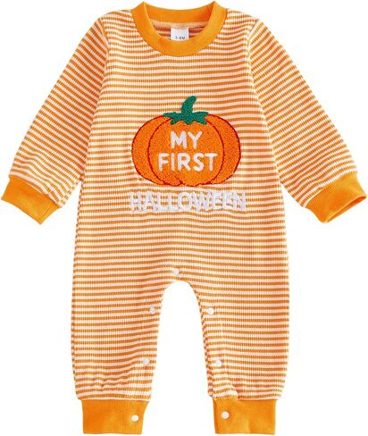 Newborn Baby Boy Halloween Outfit Ghost Pumpkin Jumpsuit Romper | Waffle Embroidery Long Sleeve Crew Neck Onesie 3 6 12 18 Months Clothes in Kuwait