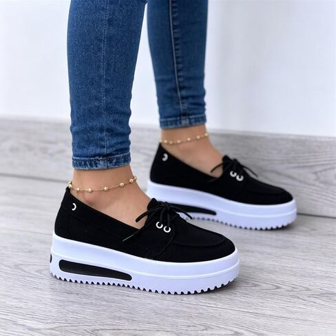 Women's Platform Loafers Suede Tie Knot Boat Shoes Comfortable Slip On Walking Sneakers Cushioned Wedges Casual Flat Shoes in Kuwait