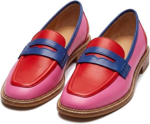 NICO×ASH Chic Women's Colorblock Leather Penny Loafers - Vibrant Red Pink Blue Slip On Flat Shoes Retro Comfort Dress in Kuwait