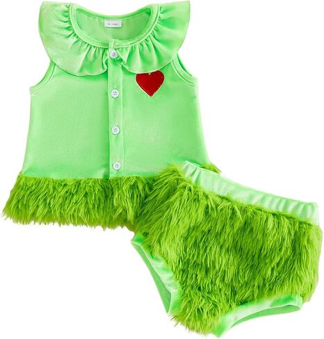Toddler Girl Christmas Outfit Sleeveless Top And Bloomers Set | Christmas Outfit Little Girl Baby Sleeveless Green Furry Heart Tank Doll Collar Tops And Shorts Bloomer Cute Xmas Clothes in Kuwait