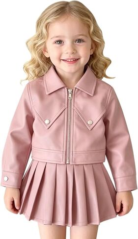 Girls 2 Piece Faux Leather Outfits Kids Zip Up Cropped Motorcycle Jacket & Mini Pleated Skirt Classic Moto Biker Clothing Set in Kuwait