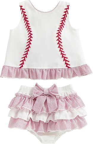 Baby Girl Baseball Outfits Infant Cute Embroidery Sleeveless Tank Top Backless Vest Ruffle Shorts 2Pcs Clothes Set in Kuwait