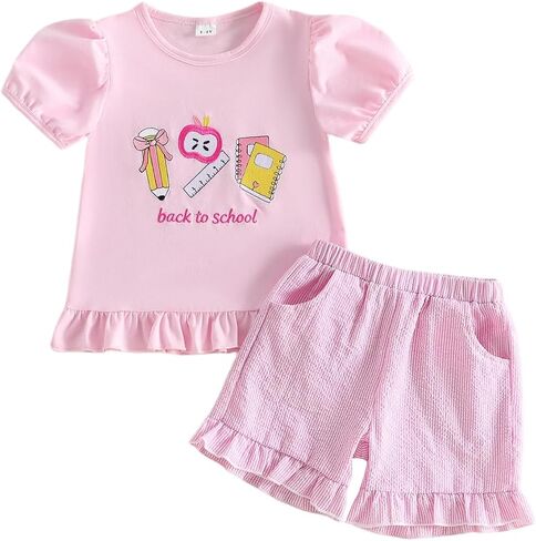Toddler Girl Back to School Outfit School Bus Embroidery Puff Sleeve T Shirt and Stripe Shorts Set Kids Summer Clothes in Kuwait