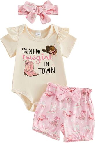 Owl's-Yard Infant Baby Girl Western Outfit Cow/Boot Short Sleeve Tassel T-shirts with Elastic Waist Shorts Tie-up Headband in Kuwait