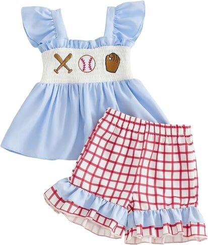 Toddler Baby Girls Baseball Outfit Flutter Sleeve Smocked Shirt Dress Top Plaid Ruffle Shorts Set Summer Clothes in Kuwait