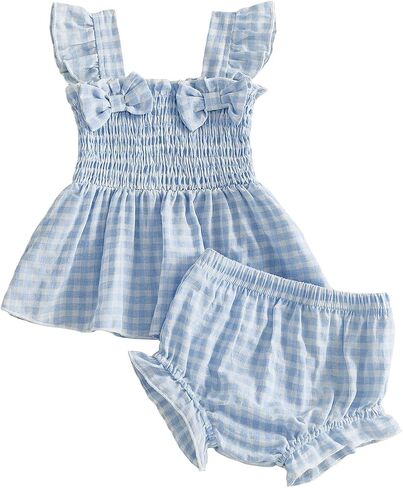 Baby Girl Clothes Infant Summer Outfits Set Plaid Ruffle Sleeve Shirt Tops and Bloomers Shorts in Kuwait